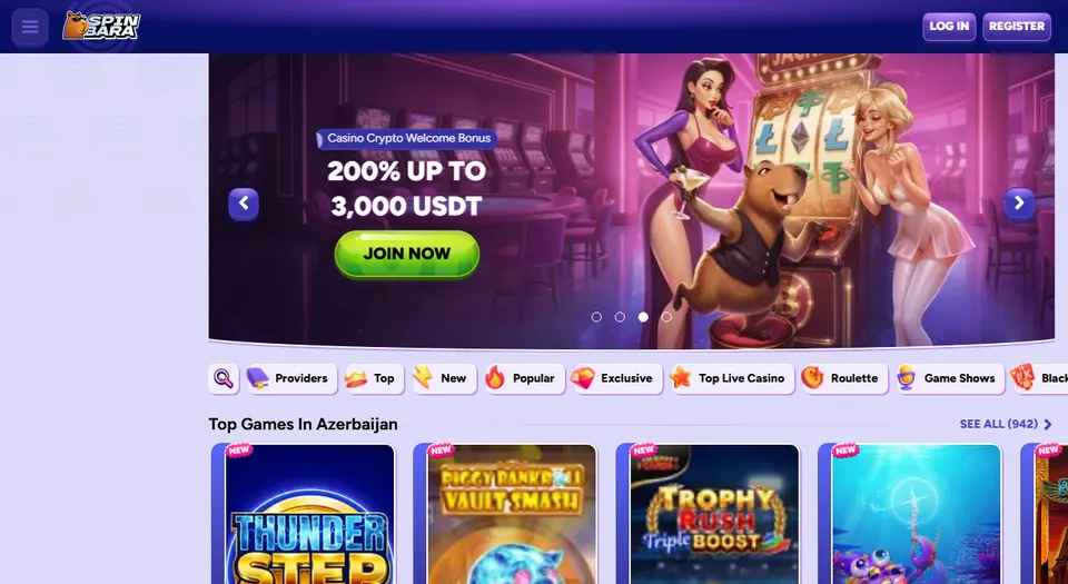 Homepage di Spinbara, casinò online con deposito minimo basso